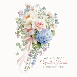 May include: Watercolor illustration of a bouquet featuring a variety of flowers in soft pastel colors. The arrangement includes peonies, roses, hydrangeas, and other delicate blooms, tied with a pink ribbon. Text reads "Watercolor Coquette Florals".