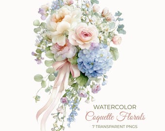 Akvarell pastellfärgad kokett rosett blommor clipart paket | 7 bukettblomsterarrangemang pngs | Botaniska bröllop babyshower papperspysselblommor