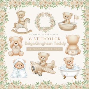 May include: A collection of watercolour illustrations of beige teddy bears. The set includes bears on a rocking horse, in a boat, and in a bathtub. Text reads "Watercolor Beige Gingham Teddy".