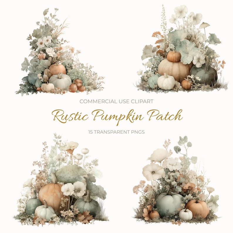 May include: Watercolor illustrations of pumpkins and floral arrangements in various sizes and colors, including orange, white, and green. The text "Rustic Pumpkin Patch" and "15 Transparent PNGs" are also visible.