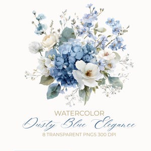 Akvarell Dusty Blue & Elfenben Elegant Floral Clipart Pack | 8 Botaniska Clipart PNGs | Kommersiellt Använd Transparenta Dusty Blue Bröllopsblommor