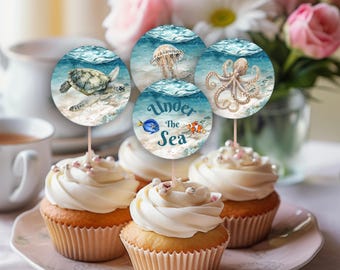 Under the Sea Cupcake Toppers set of 12 x 2" digital ready to print sea creatures theme cup cake toppers, no editing required ready to print