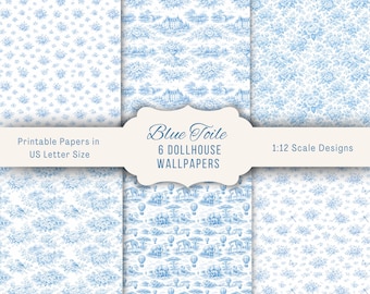 1:12 Scale Dollhouse Blue Toile Wallpaper Bundle | French Country Cottage Maileg Mice Room Decor | 6 Miniature Wallpapers Instant Download