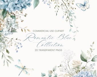 Watercolor Dusty Blue & Cream Romantic Floral Clipart Pack, 20 Clipart PNGs, Commercial Use Transparent Botanical Wedding Flowers Clipart