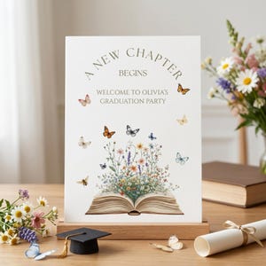 May include: A graduation party sign with the text "A New Chapter Begins" and "Welcome to Olivia's Graduation Party." The sign features an open book with a floral arrangement and butterflies. A graduation cap and diploma are in the foreground.