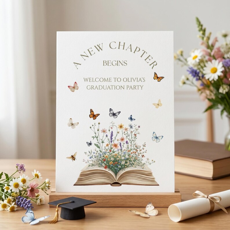 May include: A graduation party sign with the text "A New Chapter Begins" and "Welcome to Olivia's Graduation Party." The sign features an open book with a floral arrangement and butterflies. A graduation cap and diploma are in the foreground.
