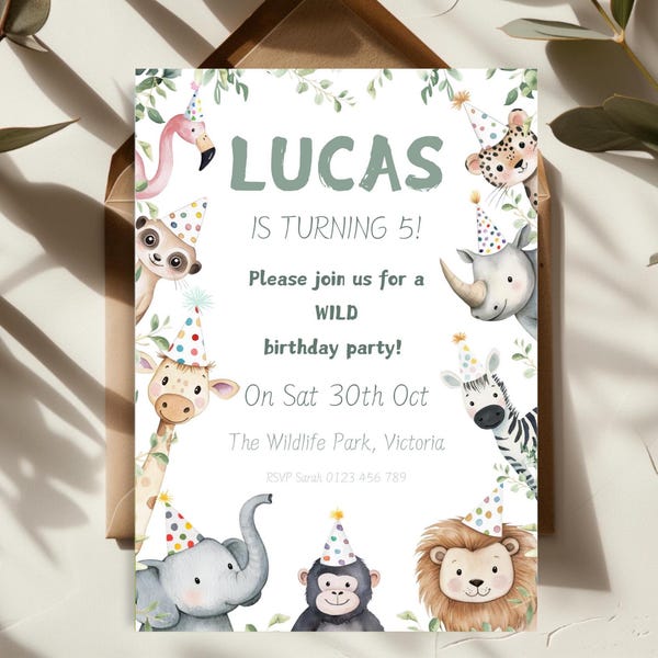 Wild Party Tiere Digital-Geburtstags-Party Einladung | Zoo Safari Tiere einladen | SOFORTIGER DOWNLOAD Bearbeitbare Canva Vorlage zum Ausdrucken