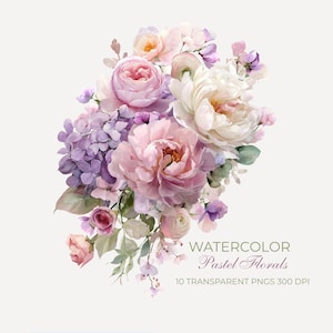 May include: A watercolour illustration of a floral bouquet in pastel shades. The arrangement includes pink roses, peonies, and hydrangeas, with purple and white flowers. Text reads "Watercolor Pastel Florals".