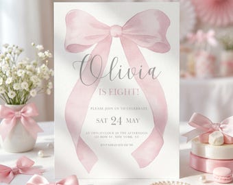 Pink Bow 8th birthday digital party invitation, coquette personalized editable Canva printable template 5 x 7in girl age eight Bow Party