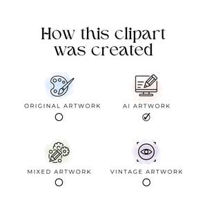 May include: White graphic with the text "How this clipart was created." Below are four options: Original Artwork, AI Artwork, Mixed Artwork, and Vintage Artwork, each with an icon and a selection circle. The AI Artwork option is selected.