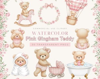 Watercolor Pink Gingham Teddy Bear Clipart | 30 Baby Girl Bear Nursery PNGs | Baby Shower Papercraft Cards Junk Journal Scrapbook POD