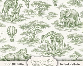 Sage Green Toile Safari Animals Seamless Pattern 12x12in | Watercolor Nursery Toile De Jouy Digital Paper Mother & Baby Animal Background