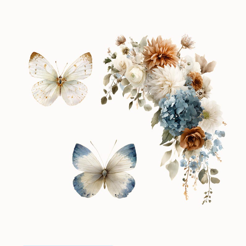 May include: Watercolor illustration featuring two butterflies and a floral arrangement. The butterflies have white wings with brown and blue accents. The floral arrangement includes blue hydrangeas, white dahlias, and brown roses, with green foliage.