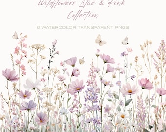 Watercolor Wildflowers & Butterflies Clipart Pack, Lilac and Pink Collection, 6 Floral Border Arrangements Transparent PNGs, Cottage Flowers
