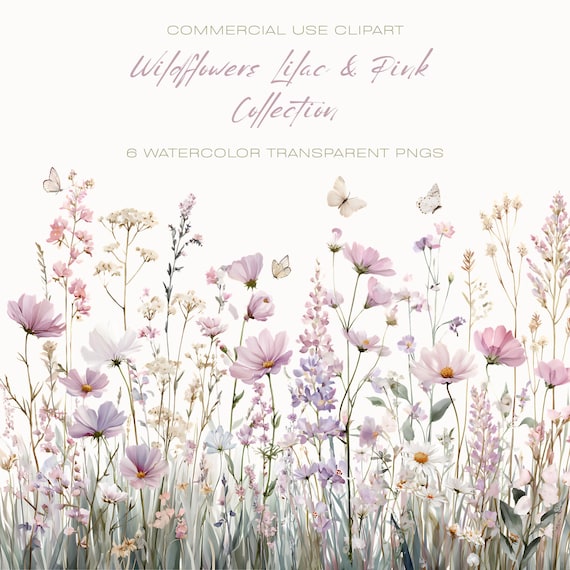 Watercolor Wildflowers & Butterflies Clipart Pack, Lilac and Pink Collection, 6 Floral Border Arrangements Transparent PNGs, Cottage Flowers