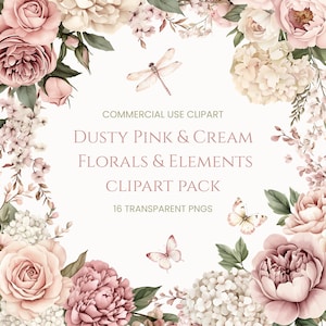May include: A digital clipart pack featuring dusty pink and cream florals and elements. The design includes roses, peonies, and butterflies. The text reads "COMMERCIAL USE CLIPART", "DUSTY PINK & CREAM FLORALS & ELEMENTS CLIPART PACK", and "16 TRANSPARENT PNGS".