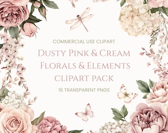 May include: A digital clipart pack featuring dusty pink and cream florals and elements. The design includes roses, peonies, and butterflies. The text reads "COMMERCIAL USE CLIPART", "DUSTY PINK & CREAM FLORALS & ELEMENTS CLIPART PACK", and "16 TRANSPARENT PNGS".