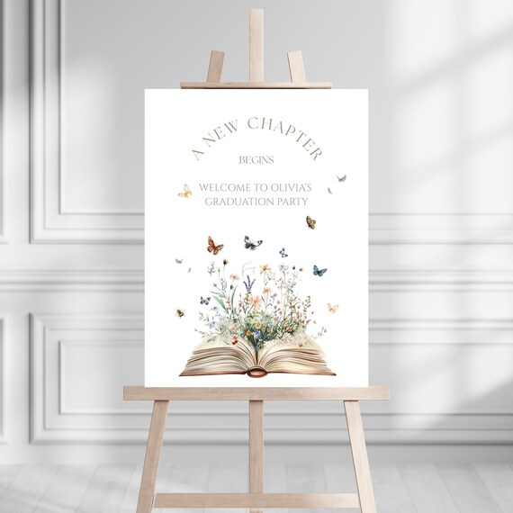 A New Chapter Begins Graduation Party Welcome Signs Canva Templates, book, wildflowers & butterflies digital printable party signage 4 sizes