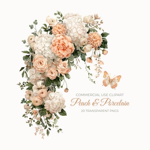 Op de afbeelding: Waterverf bloemen clipart met perzik, crème en witte bloemen, waaronder rozen, dahlia's en hortensia's, met groene bladeren. Een vlinder is ook inbegrepen. De tekst luidt "Peach & Porcelain" en "20 Transparante PNG's".