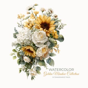 Akvarell solrosblommiga buketter clipartpaket | 10 släpande blomsterarrangemang pngs botaniska bröllop babyshower gula elfenbensfärgade blommor
