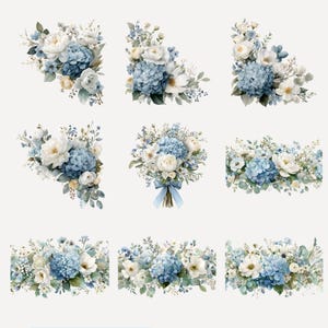 Peut inclure: Plusieurs compositions florales &agrave; l'aquarelle avec des hortensias bleus, des roses blanches et de la verdure d&eacute;licate. L'image pr&eacute;sente des coins fleuris, des bordures et un bouquet nou&eacute; d'un ruban bleu. L'ensemble est doux et &eacute;l&eacute;gant.