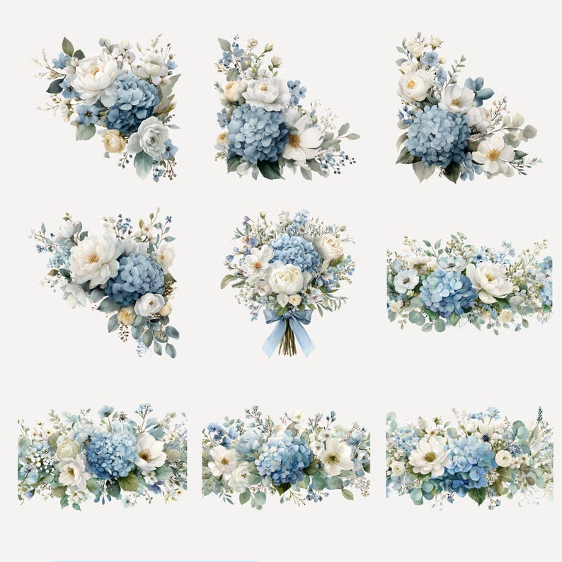 Peut inclure: Plusieurs compositions florales &agrave; l'aquarelle avec des hortensias bleus, des roses blanches et de la verdure d&eacute;licate. L'image pr&eacute;sente des coins fleuris, des bordures et un bouquet nou&eacute; d'un ruban bleu. L'ensemble est doux et &eacute;l&eacute;gant.