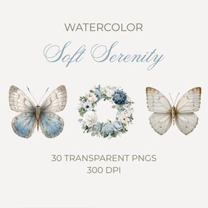 Peut inclure: Illustration &agrave; l'aquarelle avec deux papillons aux ailes bleues et blanches, et une couronne florale. Le texte indique "Soft Serenity" et "30 PNG transparents 300 DPI".