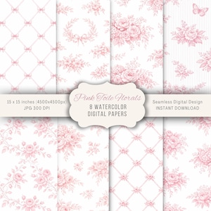 Peut inclure: Huit papiers numériques avec des motifs floraux roses sur fond blanc. Les motifs comprennent des roses, des nœuds et des treillis. Le texte indique "Pink Toile Florals" et "8 Watercolor Digital Papers". Chaque papier mesure 38 x 38 cm.