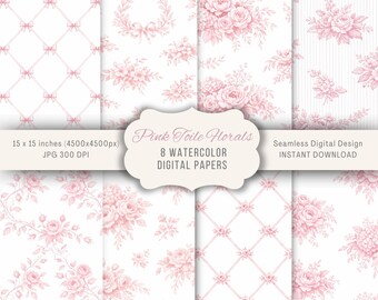 Pink Toile Florals Seamless Patterns Digital Papers, Watercolor Wedding Backgrounds 15x15in Vintage French Chinoiserie Pink Coquette Flowers