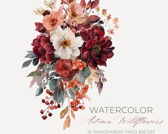 May include: A watercolour illustration of a bouquet of autumn wildflowers. The arrangement features burgundy, peach, and white flowers with green and brown foliage. The text "WATERCOLOR Autumn Wildflowers" is displayed below the bouquet.