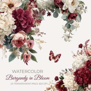 Puede incluir: Diseño floral en acuarela con flores burdeos, blancas y rosas y hojas verdes. También hay una mariposa con marcas rojas y blancas. El texto dice "Watercolor Burgundy in Bloom".