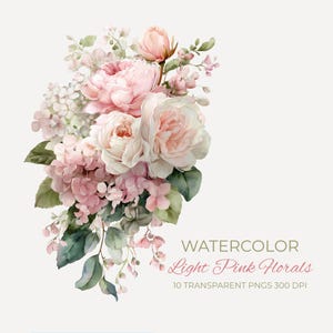 Może przedstawiać: Akwarelowa ilustracja jasnoróżowych kwiatów, w tym róż, piwonii i hortensji, z zielonymi liśćmi. Obraz zawiera tekst "WATERCOLOR Light Pink Florals 10 TRANSPARENT PNGS 300 DPI".