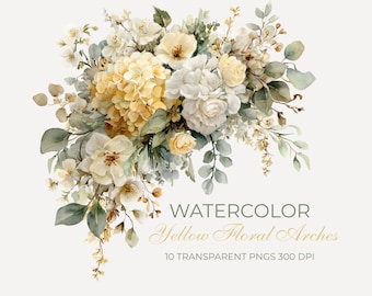 Puede incluir: Ilustración en acuarela de arcos florales amarillos y blancos. La imagen presenta un ramo de flores con hortensias amarillas, rosas blancas y follaje verde. El texto dice "Watercolor Yellow Floral Arches" y "10 PNG transparentes 300 DPI."