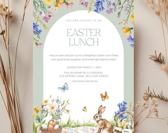 Easter Lunch personalized digital party invitation, Bunny picnic theme INSTANT DOWNLOAD editable Canva template 5 x 7in printable