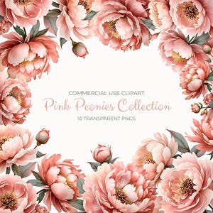 Pink Peonies Watercolor Bouquet Clipart Pack, Printable High Quality Blush Pink Peony Transparent PNGs, Paper Craft, Junk Journal, Weddings