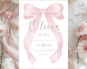 Pink Bow 6th birthday digital party invitation, coquette personalized editable Canva printable template 5 x 7in girl age six Pink Bow Party