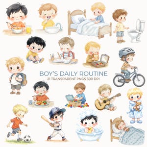 May include: Watercolor illustrations of a boy's daily routine, including eating, brushing teeth, studying, playing with toys, riding a bike, and playing baseball. The text "BOY'S DAILY ROUTINE" is displayed.
