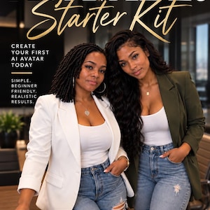 May include: AI Avatar Starter Kit digital guide featuring text: AI AVATAR Starter Kit, CREATE YOUR FIRST AI AVATAR TODAY, SIMPLE. BEGINNER FRIENDLY. REALISTIC RESULTS. 5 REFERENCE IMAGE PROMPTS, 3 STARTER PROMPTS, STEP-BY-STEP GUIDE, TIPS & TOOLS TO GET STARTED.