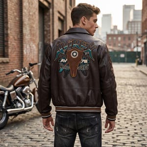 Avirex Buffalo Legends A2 ブラウンレザージャケット、本革カウハイドボンバージャケット、バッファロー刺繍パッチ、レトロストリートウェアユニセックスコートギフト