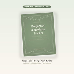 Könnte beinhalten: Ein salbeigrüner Pregnancy & Newborn Tracker Planer mit weißem Text und linearen Blattmotiven. Das Cover zeigt den Titel, einen Untertitel und eine Liste von Abschnitten, darunter Journal, Geburtsplan, Fütterung, Schlafprotokolle und Meilensteine.