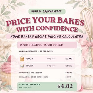 May include: A digital spreadsheet titled Price Your Bakes With Confidence, a home bakery recipe pricing calculator. It displays fields for flour and sugar costs, labor time, and packaging, culminating in a suggested price of $4.82 per cupcake.