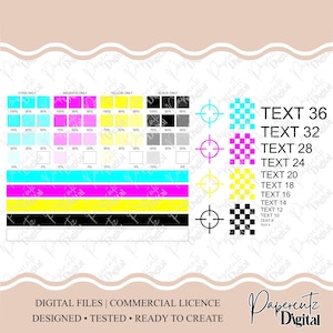 Puede incluir: Una tabla de prueba de calibración de color CMYK con muestras de tinta cian, magenta, amarilla y negra, degradados de porcentaje, marcas de registro, patrones de tablero de ajedrez y texto de 36 a 6 puntos, etiquetada DIGITAL FILES.