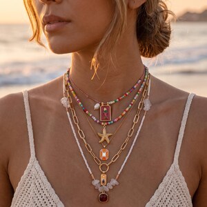 Boho Layered Necklace Set , Starfish Charm, Rainbow Seed Bead Choker, Ocean Theme Neckless, Summer Beach Jewelry, Bridesmaid Gift for Her