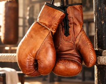 Vintage Style Lace Up Boxing Gloves, Heritage Brown Leather Pair, Old School Padded Shape, Display Worthy Gift For Boxers