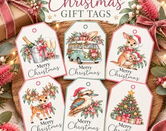 May include: Six rectangular Christmas gift tags featuring watercolour illustrations of a champagne bucket, a vintage van, a kangaroo, a deer, a kookaburra, and a Christmas tree. Each tag includes the text Merry Christmas in black script.