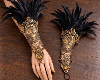 Black Gold Gothic Feather Arm Cuffs, Victorian Lace Wristlets for Christmas Masquerade Ball