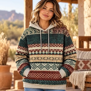 Puede incluir: Una sudadera con capucha y manga larga que presenta un patrón horizontal multicolor con formas geométricas en tonos verde azulado, rojo óxido, crema y marrón. La prenda incluye un bolsillo tipo canguro, capucha con cordón y puños acanalados.