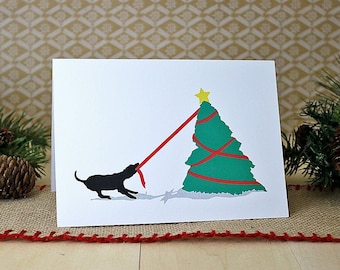 Funny Dog Holiday Card Pack, Whimsical Christmas Cards with Dog Tugging Christmas Tree