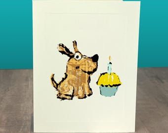 Dog Birthday Card: Quirky Pup & Cupcake Note Card