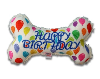 Happy Birthday Dog Toy, Birthday Gift for Pet, Squeaky Plush Dog Toy, Dog Bone Party Balloons design